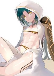 Rule 34 | 1boy, abs, ahoge, arm tattoo, bare shoulders, black hair, closed mouth, coat, commentary request, covered erect nipples, genshin impact, green hair, highres, hood, hood up, hooded coat, looking at viewer, male focus, multicolored hair, parted bangs, pectorals, short hair with long locks, simple background, sleeveless, solo, tattoo, toned, toned male, two-tone hair, white background, white coat, xiao (genshin impact), yellow eyes, yuno setouchi