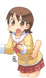 Rule 34 | 1girl, aioi yuuko, belly grab, blush, brown eyes, brown hair, clenched hand, commentary request, cowboy shot, cropped legs, disembodied hand, dot nose, hair between eyes, long sleeves, looking at viewer, medium hair, miniskirt, nichijou, nishimura (prism engine), open mouth, pleated skirt, red skirt, sailor collar, simple background, skirt, solo focus, sweat, tareme, translation request, v-shaped eyebrows, white background