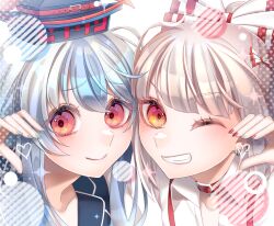 Rule 34 | 2girls, belt collar, blue hair, blue hat, blue nails, bow, cheek-to-cheek, closed mouth, collar, collared shirt, commentary request, earrings, fujiwara no mokou, grey hair, grin, hat, heads together, heart, heart hands, heart hands duo, jewelry, kamishirasawa keine, kurumi407, long hair, looking at viewer, multiple girls, nail polish, one eye closed, portrait, red bow, red collar, red eyes, red nails, shirt, smile, suspenders, touhou, two-tone bow, white bow, white shirt