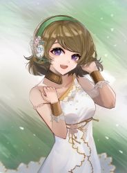 Rule 34 | 1girl, aisu (pixiv15332912), artist name, artist request, bare shoulders, blush, breasts, brown hair, cleavage, clenched hand, collarbone, dress, female focus, flower, frilled dress, frills, green hairband, hair between eyes, hair ornament, hairband, headband, highres, koizumi hanayo, looking at viewer, love live!, love live! school idol festival, love live! school idol project, medium breasts, parted lips, playing with own hair, purple eyes, short hair, skirt, smile, solo, star (symbol), star hair ornament, star print, white dress, white flower, white skirt