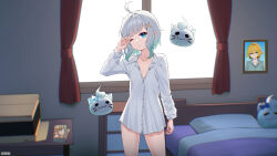 2girls ahoge alceid artist_name bed bed_sheet blanket blonde_hair blue_eyes bottomless bow box breasts cardboard_box commission cupboard curtains dokibird_(vtuber) facial_mark flat_chest floating green_eyes hair_bow hair_ornament hair_ribbon hairclip highres indie_virtual_youtuber indoors knee_up knees_up looking_at_viewer mint_fantome multicolored_hair multiple_girls one_eye_closed photo_(object) picture_frame pillow pointy_ears ribbon rubbing rubbing_eyes short_hair sleepwear small_breasts virtual_youtuber whisker_markings whiskers white_hair window wink wisps_(mint_fantome)