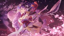 Rule 34 | 1girl, 7hertz, aura, breasts, bridal gauntlets, cherry blossoms, cleavage, closed mouth, commentary request, cowboy shot, engulfing lightning (genshin impact), expressionless, falling petals, flower, genshin impact, hair flower, hair ornament, highres, holding, holding polearm, holding weapon, japanese clothes, kimono, large breasts, long hair, low-braided long hair, low-tied long hair, makoto (genshin impact), mitsudomoe (shape), mole, mole under eye, obi, obiage, obijime, petals, polearm, procreate (medium), purple eyes, purple flower, purple hair, purple kimono, raiden shogun, sash, solo, tassel, tassel hair ornament, tomoe (symbol), torii, very long hair, weapon