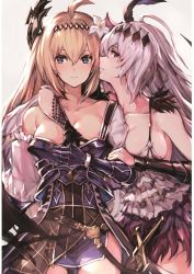 Rule 34 | 2girls, ahoge, arm around neck, arm grab, armor, asymmetrical arms, bare shoulders, blonde hair, blue armor, blue eyes, blue gauntlets, blush, bracer, grabbing another&#039;s breast, breast press, breasts, collarbone, dark jeanne, dark persona, dual persona, female focus, female pervert, flower, gauntlets, grabbing, granblue fantasy, grin, hair between eyes, hair flower, hair ornament, hand on another&#039;s chest, highres, hug, jeanne d&#039;arc (granblue fantasy), large breasts, looking at viewer, looking to the side, multiple girls, neck, off shoulder, parted lips, pervert, red eyes, selfcest, sheath, side slit, silver hair, smile, standing, sword, teeth, watao, weapon, white flower
