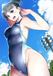 Rule 34 | 1girl, :d, arm up, black eyes, black hair, blush, cloud, competition swimsuit, cowboy shot, curvy, day, from below, lamp, one-piece swimsuit, open mouth, original, outdoors, own hands together, ponytail, purple eyes, short hair, short ponytail, sky, smile, solo, swimsuit, tree, twinpoo, wet