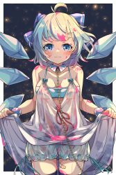 Rule 34 | 1girl, absurdres, ahoge, bandaid, bandaid on leg, bloomers, blue bloomers, blue bow, blue eyes, blue hair, blush, bow, breasts, cirno, closed mouth, collarbone, cowboy shot, detached wings, dress, fairy, hair bow, highres, ice, ice wings, looking at viewer, medium breasts, short hair, solo, touhou, white dress, wings, woruta (soloistlist)