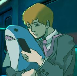 Rule 34 | absurdres, blonde hair, closed mouth, collared shirt, ekubo (mob psycho 100), formal, grey suit, highres, holding, holding stuffed toy, hugging object, ikea shark, jacket, male focus, mob psycho 100, necktie, non-web source, pink necktie, reigen arataka, shirt, short hair, stuffed animal, stuffed shark, stuffed toy, suit