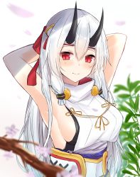 Rule 34 | 1girl, armpits, arms behind head, arms up, blush, breasts, closed mouth, fate/grand order, fate (series), hair between eyes, headband, highres, horns, kurigura (sketch san), large breasts, long hair, looking at viewer, oni horns, red eyes, sideboob, silver hair, smile, solo, tomoe gozen (fate), upper body