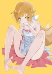 Rule 34 | 1girl, absurdres, an skill, ass, bare shoulders, barefoot, blonde hair, blush stickers, collarbone, commentary, curled fingers, dress, feet, full body, hand to own mouth, highres, knees up, legs, long hair, looking at viewer, monogatari (series), on ground, oshino shinobu, parted lips, pink dress, raised eyebrows, simple background, sitting, sleeveless, sleeveless dress, soles, solo, sundress, thighs, toes, two-tone dress, upturned eyes, very long hair, white dress, yellow background, yellow eyes