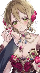 Rule 34 | 1boy, 1girl, blush, dress, flower, hair between eyes, hair flower, hair ornament, hand on another&#039;s cheek, hand on another&#039;s face, hetero, highres, idolmaster, idolmaster cinderella girls, kimura natsuki, light brown hair, looking at viewer, mashrkii, pov, pov hands, producer (idolmaster), red dress, simple background, smile, upper body, white background