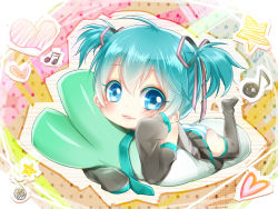 Rule 34 | 1girl, aged down, aqua eyes, aqua hair, chibi, detached sleeves, hair ribbon, hatsune miku, lma, looking at viewer, lying, necktie, on stomach, panties, pantyshot, pillow, ribbon, short hair, skirt, smile, solo, spring onion, striped clothes, striped panties, twintails, underwear, upskirt, vocaloid