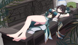 Rule 34 | 1girl, absurdres, aqua collar, aqua dress, aqua gloves, aqua shorts, architecture, arm up, bare legs, barefoot, bead necklace, beads, breasts, brown hair, cleavage, commentary, covered navel, critter pick (honkai: star rail), dna, dress, east asian architecture, flower, gloves, gokusaishouku, green eyes, hair intakes, high heels, highres, honkai: star rail, honkai (series), jewelry, large breasts, layered dress, long hair, looking at viewer, lying, multicolored hair, necklace, on back, parted lips, ruan mei (honkai: star rail), shorts, soles, solo, streaked hair, thigh strap, toes, unworn footwear, white flower