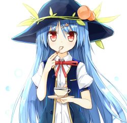 Rule 34 | 1girl, black hat, blue hair, blue vest, blush, bow, bowler hat, bowtie, buttons, collared shirt, cup, eyebrows, food, fruit, hair ornament, hairclip, hat, hinanawi tenshi, holding, holding cup, holding spoon, long hair, looking at viewer, open clothes, open vest, peach, plant, pocket, puffy short sleeves, puffy sleeves, red bow, red bowtie, red eyes, saucer, shirt, short sleeves, solo, spoon, tareme, teacup, teaspoon, touhou, unbuttoned, upper body, utensil in mouth, very long hair, vest, vines, white shirt, yuuhagi (amaretto-no-natsu)