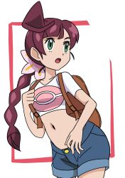 Rule 34 | 1girl, :o, ahoge, backpack, bag, braid, braided ponytail, brown bag, chloe (pokemon), creatures (company), cropped shirt, eyelashes, flower, game freak, green eyes, hainchu, hair flower, hair ornament, highres, holding strap, long hair, looking to the side, navel, nintendo, open mouth, pink flower, pokemon, pokemon (anime), pokemon journeys, shirt, short shorts, short sleeves, shorts, solo, tongue, white background, white shirt