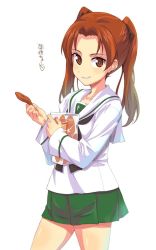 Rule 34 | 1girl, bag, black bow, black neckerchief, blouse, bow, brown eyes, brown hair, chips (food), commentary request, cowboy shot, food, girls und panzer, green skirt, grin, hagiya masakage, hair bow, heart, holding, holding food, kadotani anzu, long hair, long sleeves, looking at viewer, miniskirt, neckerchief, ooarai school uniform, parted bangs, pleated skirt, potato chips, school uniform, serafuku, shirt, simple background, skirt, smile, solo, standing, translated, twintails, white background, white shirt