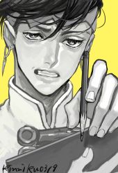 Rule 34 | 1boy, artist name, canvas (object), clenched teeth, earrings, greyscale, greyscale with colored background, headband, highres, jewelry, jojo no kimyou na bouken, kishibe rohan, male focus, monochrome, pencil, portrait, solo, supocon, teeth, yellow background