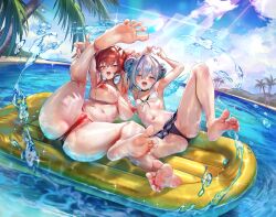 Rule 34 | 2girls, absurdres, amane kanata, amane kanata (7th costume), angel, angel wings, armpits, arms up, bare arms, bare legs, bare shoulders, barefoot, beach, bikini, breasts, day, feathered wings, feet, feet up, highres, hololive, houshou marine, houshou marine (summer), jagoo, legs up, looking at viewer, mini wings, multiple girls, navel, official alternate costume, open mouth, outdoors, red bikini, red hair, revision, short hair, soles, spread legs, string bikini, swimsuit, toes, virtual youtuber, water, wet, white bikini, white hair, wings, yellow eyes