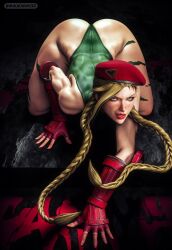 Rule 34 | absurdres, all fours, ass, beret, blonde hair, braid, cammy white, camouflage, capcom, derivative work, fingerless gloves, gloves, green leotard, hat, highres, leotard, lips, marvel, mika dawn, red gloves, red headwear, spider-woman, street fighter, street fighter ii (series), toned, top-down bottom-up, twin braids