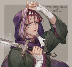 Rule 34 | 1boy, adjusting clothes, adjusting headwear, akakokko (niro azarashi), animal hands, arm up, arslan senki, bandaged arm, bandages, blue eyes, brown background, character name, coat, copyright name, earrings, english text, fingernails, gieve, hair between eyes, hair strand, hand on headwear, hand up, headband, holding, holding sword, holding weapon, hood, hood up, jewelry, long sleeves, looking at viewer, male focus, open clothes, open coat, parted lips, red hair, smile, solo, sword, upper body, weapon
