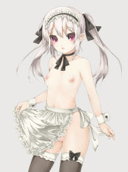 Rule 34 | 1girl, apron, apron lift, arutoria, bad id, bad pixiv id, blush, breasts, clothes lift, flat chest, maid headdress, naked apron, nipples, original, pussy, red eyes, short hair, silver hair, solo, thighhighs, twintails