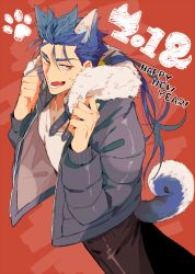 Rule 34 | 1boy, 2018, adjusting clothes, animal ears, bad id, bad pixiv id, blue hair, casual, cu chulainn (fate), cu chulainn (fate/stay night), dated, dog ears, dog tail, fangs, fate/stay night, fate (series), fur-trimmed jacket, fur trim, happy new year, jacket, kemonomimi mode, male focus, new year, ponytail, red eyes, solo, tail, tatsuta age