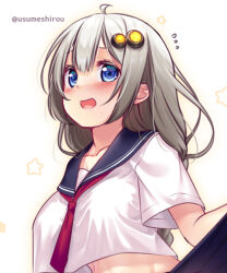 Rule 34 | 1girl, :d, ahoge, black sailor collar, black skirt, blue eyes, blush, braid, breasts, clothes lift, crop top, crop top overhang, flying sweatdrops, grey hair, hair between eyes, hair ornament, kizuna akari, large breasts, lifted by self, long hair, looking at viewer, nervous smile, open mouth, out-of-frame censoring, pleated skirt, sailor collar, school uniform, serafuku, shirt, skirt, skirt lift, smile, solo, star (symbol), twitter username, usume shirou, voiceroid, white background, white shirt