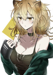 Rule 34 | 1girl, absurdres, animal ears, arknights, bare shoulders, black choker, blonde hair, blush, brown eyes, camisole, choker, collarbone, commentary request, green jacket, hair between eyes, highres, jacket, jiru (6pp ab), lion ears, long hair, long sleeves, off shoulder, official alternate costume, partial commentary, siege (arknights), siege (legacy) (arknights), simple background, solo, spaghetti strap, upper body