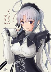 Rule 34 | 1girl, ahoge, akitsushima (kancolle), breasts, closed mouth, corset, earrings, grey background, hair between eyes, hair ornament, hair ribbon, hand up, hazuki futahi, hoop earrings, jewelry, kantai collection, long hair, looking at viewer, maid, maid headdress, pointing, pointing at self, purple eyes, ribbon, side ponytail, sidelocks, signature, simple background, smile, solo, uniform