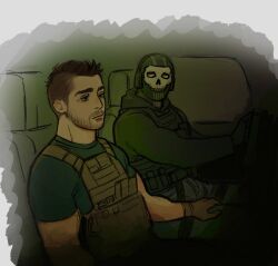 Rule 34 | 2boys, artist request, bara, beard, call of duty, call of duty: modern warfare 2, car interior, couple, driving, facial hair, feet out of frame, ghost (modern warfare 2), hand on another&#039;s thigh, highres, looking at another, male focus, mask, mature male, multiple boys, muscular, muscular male, mustache, short hair, sideburns, sitting, skull mask, soap (modern warfare 2), undercut, yaoi