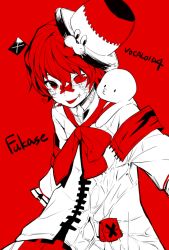 Rule 34 | 1boy, :p, bandaid, bandaid on face, bandaid on nose, character name, coat, flag, fukase, hat, head flag, headset, looking at viewer, male focus, mizuhoshi taichi, monochrome, on shoulder, point (vocaloid), red background, red eyes, short hair, simple background, smile, tongue, tongue out, top hat, upper body, veins, vocaloid