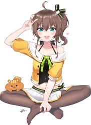 Rule 34 | 1girl, absurdres, ahoge, aqua eyes, arm up, black ribbon, blush, breasts, brown hair, brown pantyhose, chipmunk, collarbone, commentary request, crop top, cropped jacket, crossed bangs, full body, green ribbon, hair between eyes, hair ribbon, heart, highres, hololive, indian style, jacket, legs, long hair, matsurisu, midriff, miniskirt, mocacoco339, natsuiro matsuri, natsuiro matsuri (1st costume), navel, neck ribbon, no shoes, off-shoulder jacket, off shoulder, open mouth, orange jacket, pantyhose, pleated skirt, red ribbon, ribbon, short sleeves, side ponytail, side slit, sidelocks, signature, simple background, sitting, skirt, small breasts, solo, spaghetti strap, squirrel, teeth, upper teeth only, v, virtual youtuber, white background, white skirt