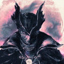 Rule 34 | 1boy, bloodborne, chain, cloak, from software, hat, hunter (bloodborne), jewelry, looking at viewer, mask, mouth mask, necklace, pendant, purple eyes, shimhaq, solo