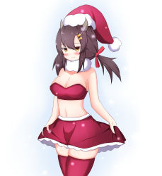 Rule 34 | 1girl, alternate costume, azur lane, bare shoulders, blush, bow, breasts, brown hair, christmas, cleavage, clothes lift, collarbone, fur scarf, fur trim, gradient background, hair between eyes, hair bow, hair ornament, hairclip, hat, highres, horns, large breasts, looking at viewer, low twintails, medium hair, midriff, nagara (azur lane), navel, orange eyes, red bow, red skirt, red thighhighs, remingu, santa costume, santa hat, scarf, short twintails, sidelocks, skindentation, skirt, skirt lift, smile, snow, solo, strapless, thighhighs, twintails, white scarf, zettai ryouiki