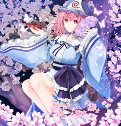 Rule 34 | 1girl, alcohol, blue hat, blue kimono, blush, branch, breasts, bug, butterfly, center frills, cherry blossoms, closed mouth, commentary, cup, eyelashes, falling petals, feet out of frame, frilled sash, frilled sleeves, frills, hand fan, hat, highres, holding, in tree, insect, japanese clothes, kimono, large breasts, long sleeves, looking at viewer, maya (tirolpop), mob cap, neck ribbon, petals, pink eyes, pink hair, purple sash, ribbon, saigyouji yuyuko, sakazuki, sake, sash, short hair, sitting, sitting in tree, smile, socks, solo, touhou, tree, triangular headpiece, white socks, wide sleeves