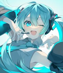 Rule 34 | 1girl, :d, aqua background, aqua eyes, aqua hair, aqua nails, aqua necktie, black sleeves, collared shirt, commentary, detached sleeves, gradient background, grey shirt, hair between eyes, hair ornament, hands up, hatsune miku, headset, highres, long hair, looking at viewer, nail polish, necktie, one eye closed, open mouth, shirt, simple background, smile, solo, teeth, twintails, upper body, upper teeth only, vocaloid, white background, yachishi orca