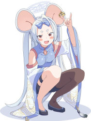 Rule 34 | 1girl, \n/, animal ears, bad id, bad pixiv id, black footwear, blue archive, bow, breasts, brown pantyhose, chinese clothes, detached sleeves, dress, ear tag, fang, full body, grey hair, hair bow, long hair, looking at viewer, marudeningen, medium breasts, mouse ears, mouse girl, open mouth, pantyhose, red eyes, saya (blue archive), simple background, single leg pantyhose, skin fang, solo, squatting, tassel, thigh strap, two side up, very long hair, white background, wide sleeves