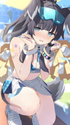 Rule 34 | 1girl, animal ears, black gloves, black hair, blue archive, blue eyes, blush, breasts, cleavage, clothes writing, detached collar, dog ears, dog tail, eyewear on head, gloves, hibiki (blue archive), hibiki (cheer squad) (blue archive), highres, holding, holding pom poms, long hair, medium breasts, millennium cheerleader outfit (blue archive), nokke o, official alternate costume, open mouth, pom pom (cheerleading), pom poms, ponytail, safety glasses, shoes, sidelocks, single glove, skirt, sneakers, solo, tail, white footwear, white skirt