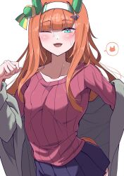 Rule 34 | 1girl, animal ears, blue skirt, commentary request, cowboy shot, ear covers, ear ornament, grey jacket, hairband, highres, horse ears, horse girl, horse tail, itosu200, jacket, jacket partially removed, long hair, long sleeves, looking at viewer, one eye closed, open mouth, orange hair, pleated skirt, red sweater, silence suzuka (umamusume), simple background, skirt, smile, solo, spoken animal, sweater, tail, umamusume, white background, white hairband