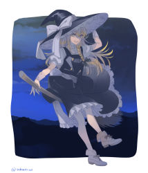 Rule 34 | 1girl, arm up, black hat, black skirt, black vest, blonde hair, bow, braid, broom, broom riding, buttons, commentary, frilled skirt, frills, full body, green bow, grey footwear, grin, hair between eyes, hair bow, hand on headwear, hat, hat bow, kirisame marisa, long hair, looking at viewer, puffy short sleeves, puffy sleeves, shirt, shoelaces, shoes, short sleeves, single braid, skirt, skirt set, smile, solo, toshio, touhou, vest, white bow, white shirt, witch hat, wrist cuffs, yellow eyes