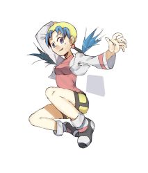 Rule 34 | 1990s (style), 1girl, adjusting clothes, adjusting headwear, bad id, bad pixiv id, bare legs, bike shorts, blue eyes, blue hair, creatures (company), full body, game freak, hat, kris (pokemon), looking at viewer, matching hair/eyes, nintendo, obaratihara, pokemon, pokemon gsc, retro artstyle, simple background, smile, solo, twintails
