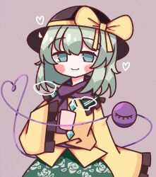 Rule 34 | 1girl, absurdres, black hat, blush, blush stickers, bow, buttons, cup, diamond button, floral print, frilled shirt collar, frilled sleeves, frills, green eyes, green hair, green skirt, hat, hat bow, heart, heart of string, highres, holding, holding cup, komeiji koishi, light green hair, long sleeves, looking at viewer, medium hair, mug, purple scarf, rose print, scarf, shirt, simple background, skirt, sleeves past wrists, smile, solo, standing, third eye, touhou, waroemon, yellow bow, yellow shirt