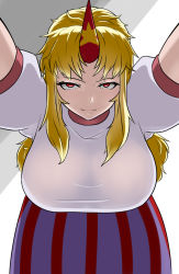 Rule 34 | 1girl, blouse, breasts, bunsuirei, commentary request, highres, horns, hoshiguma yuugi, large breasts, long hair, long skirt, looking at viewer, shirt, short sleeves, simple background, single horn, skirt, solo, striped clothes, striped skirt, touhou, white shirt