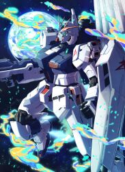 Rule 34 | arm shield, beam rifle, char&#039;s counterattack, clenched hand, commentary request, earth (planet), energy gun, fin funnels, flying, foot out of frame, green eyes, gun, gundam, highres, holding, holding gun, holding weapon, insignia, looking up, mecha, mobile suit, no humans, nori (arara105), nu gundam, planet, profile, robot, science fiction, solo, space, star (sky), v-fin, weapon