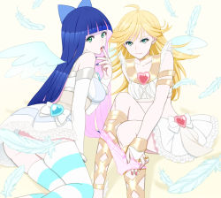 Rule 34 | 10s, 2girls, ahoge, angel wings, blonde hair, blue eyes, bow, corset, earrings, feathers, from behind, green eyes, hair bow, jeni (vianche), jewelry, looking back, multicolored hair, multiple girls, panty &amp; stocking with garterbelt, panty (psg), pink hair, ring, siblings, sisters, skirt, smile, stocking (psg), striped clothes, striped legwear, striped thighhighs, stud earrings, thighhighs, two-tone hair, wings