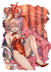 Rule 34 | 1girl, 2023, animal ears, bandaid, bare legs, bare shoulders, blue archive, blush, bow, bowtie, braid, breasts, card, detached collar, fake animal ears, fang, happy new year, high heels, highleg, highleg leotard, highres, holding, jacket, leotard, long hair, looking at viewer, neru (blue archive), neru (bunny) (blue archive), new year, off shoulder, open clothes, open jacket, open mouth, pantyhose, playboy bunny, playing card, rabbit ears, rabbit tail, red bow, red bowtie, red footwear, red leotard, short hair, sitting, skin fang, small breasts, solo, sparkle, sparkle background, sparks, strapless, strapless leotard, tail, thigh grab, wrist cuffs, yakkuro