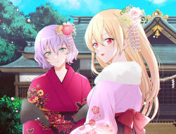 Rule 34 | 2girls, alisa reinford, architecture, double-parted bangs, east asian architecture, eiyuu densetsu, flower, green eyes, hair between eyes, hair flower, hair ornament, il (il suffered), japanese clothes, kimono, long hair, looking at viewer, multiple girls, outdoors, plant, ponytail, purple hair, red eyes, rope, sen no kiseki, sharon kreuger, shimenawa, shinto, short hair, sidelocks, smile, temple, tree