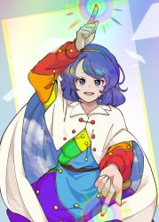 Rule 34 | 1girl, cape, dress, eyebrows hidden by hair, fujinoki (horonabe-ken), hairband, highres, index finger raised, long sleeves, medium hair, multicolored clothes, multicolored dress, multicolored hairband, pointing, pointing down, pointing up, purple eyes, purple hair, rainbow gradient, simple background, sky print, solo, tenkyuu chimata, touhou, two-sided cape, two-sided fabric, white cape