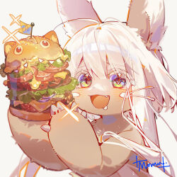 1other animal_ears blurry blurry_foreground blush body_fur brown_fur burger claws fang food furry holding holding_burger holding_food long_hair made_in_abyss mitty_(made_in_abyss) momuraer nanachi_(made_in_abyss) open_mouth other_focus rabbit_ears saliva signature simple_background sparkle sparkling_eyes whiskers white_background white_hair yellow_eyes