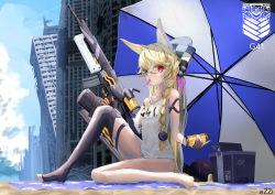 Rule 34 | 1girl, absurdres, animal ear fluff, animal ears, artist name, assault rifle, beach umbrella, black gloves, black thighhighs, blonde hair, blue eyes, blue sky, braid, braided ponytail, breasts, building, can, cat ears, character name, closed mouth, ezzi, fingerless gloves, full body, g41 (beach punk 2064) (girls&#039; frontline), g41 (girls&#039; frontline), girls&#039; frontline, gloves, griffin &amp; kryuger, gun, h&amp;k g41, hair ribbon, heterochromia, highres, holding, holding can, holding gun, holding weapon, long hair, looking at viewer, mouth hold, official alternate costume, on floor, one-piece swimsuit, red eyes, ribbon, rifle, sand, school swimsuit, single glove, single thighhigh, sky, small breasts, solo, swimsuit, thighhighs, umbrella, water, weapon, white one-piece swimsuit