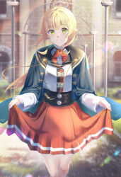 Rule 34 | 1girl, absurdres, ahoge, blonde hair, blue cape, blush, bow, bowtie, cape, closed mouth, clothes lift, green eyes, highres, medium hair, mushoku tensei, norn greyrat, outdoors, red bow, red bowtie, red skirt, shirt, skirt, skirt lift, solo, white shirt, yujin (kanouyuuto-0423)