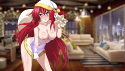 Rule 34 | animated, animated gif, breasts, hat, heart, heart-shaped pupils, high school dxd, indoors, large breasts, leaning forward, long hair, nipples, non-web source, red hair, rias gremory, sack, santa hat, symbol-shaped pupils, torn clothes